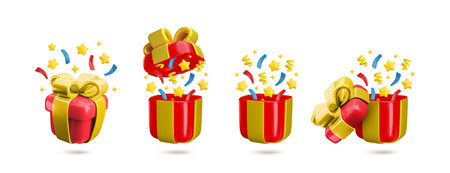 Vector Cartoon 3d festive red gift box set. Cute realistic closed and open present with gold bow, stars and confetti explosion. 3d render prize illustration for winner, birthday, Christmas conceptのイラスト素材