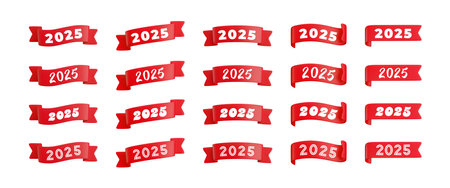 Vector cartoon 3d red folded ribbons set with numbers 2025, realistic 3d design elements for graduation design, yearbook, new year greeting card, Christmas design.のイラスト素材