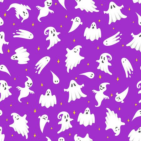 Vector Halloween ghost seamless pattern. Cute white flying ghosts on violet background with stars. Spooky cartoon character illustration for wrapping paper, fabric, greeting design, holiday decor.のイラスト素材