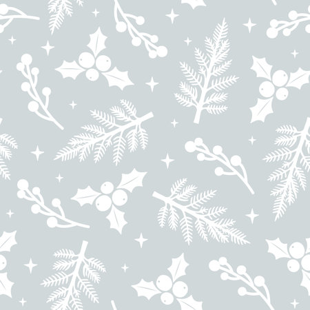 Trendy Christmas seamless pattern. New Year print with white Christmas tree branches, mistletoe and berries on pastel gray background. Scandinavian winter texture for decor, fabric design, wrapping.のイラスト素材