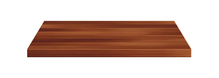 Wooden table surface perspective view. Vector realistic dark brown plank tabletop isolated on white background. 3d interior design element. Wood board top, timber board shelf for mock up, design.のイラスト素材