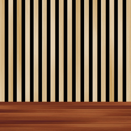 Vector empty room with wooden wall and floor. Realistic light brown planks wall panel and dark wood floor. Minimal 3d scene for natural product mockup, interior background.のイラスト素材