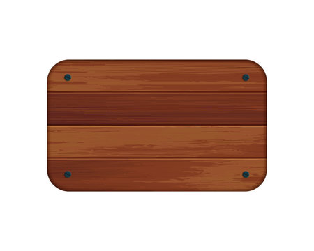 Vector realistic dark brown wooden rectangle plaque. Wood texture signboard isolated on white background. 3d empty aged wooden frame for game sign, natural timber banner, menu, vintage message.のイラスト素材