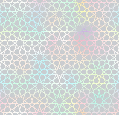 Traditional Islamic seamless pattern. Shiny holographic and gray Turkish background. Mosque window foil gradient grid mosaic texture.のイラスト素材
