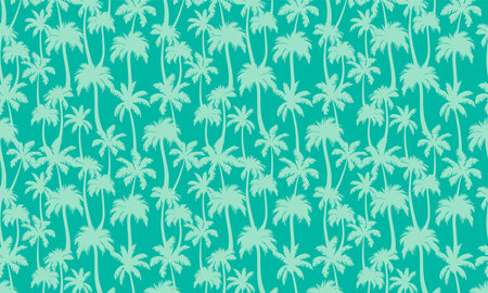 Palm trees pattern horizontal background. Vector tropical jungle green texture. Abstract palm silhouettes summer print for decor, exotic wallpapers, decoration, banner.のイラスト素材