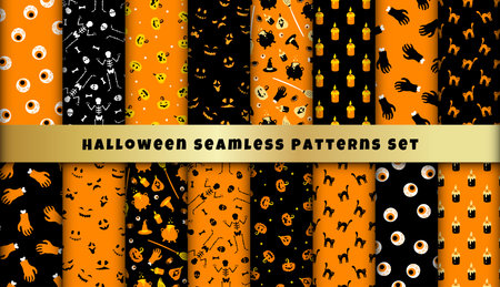 Cute Halloween witch seamless pattern set. Vector Halloween black and orange background with magic cauldron, witch hat, spider, pumpkin, skeleton and zombie hand texture. Kids print collection.のイラスト素材