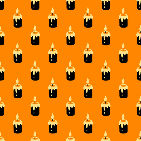 Halloween candle seamless pattern. Vector melt black candles on orange background repeat texture for wallpaper, wrapping, holiday decor, backdrop, fabric print.のイラスト素材
