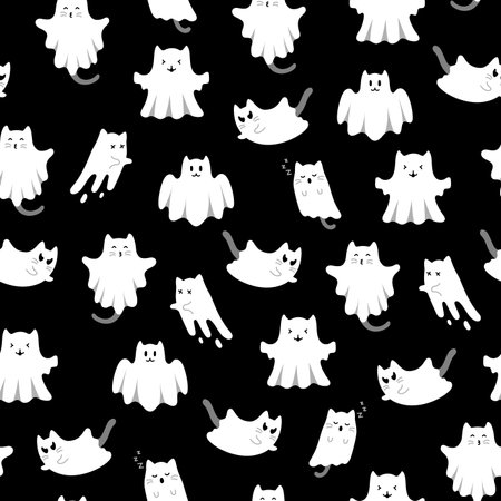 Cute halloween pattern with ghost cats and stars on black background. Vector flying Halloween characters, cartoon kittens spirit. Kawaii ghost print for fabric texture, wrapping paper, greeting card.のイラスト素材