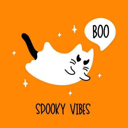 Cute Spooky Vibes Halloween print with white scary ghost cat on orange background. Vector flying Halloween character, Kawaii cartoon kitten spirit illustration.のイラスト素材