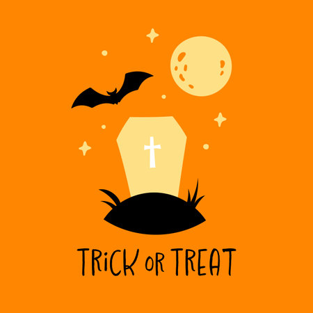 Cute Halloween print with bat, grave, full moon and trick or treat text on orange background. Vector cartoon Halloween illustration for greeting banner, postcard, t-shirt printのイラスト素材
