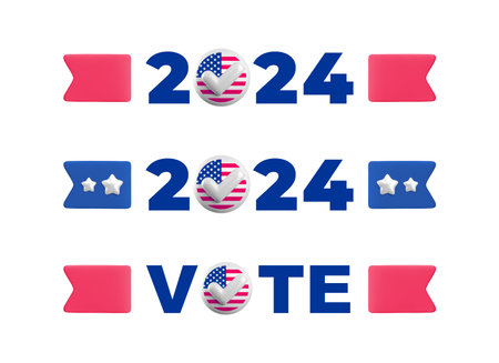 USA election 2024 sign set. Realistic vector 3d voting badge with ribbon, stars, American flag and checkmark symbol. US 2024 political presidential election campaign ballot sign 3d render.のイラスト素材
