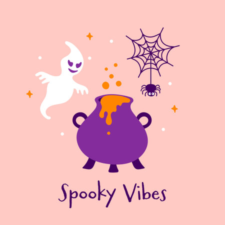 Cute Halloween Spooky Vibes print. Vector ghost, cauldron and spider on pink background. Halloween witchy illustration for greeting banner, postcard, webのイラスト素材