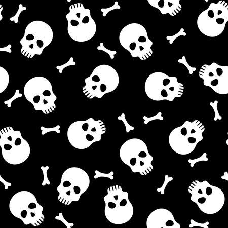 Simple skull and bones seamless pattern. Vector Halloween repeat black background with skeletons parts. Funny print for fabric texture, Day of Dead decor, wallpaper, wrapping paper, backdrop.のイラスト素材