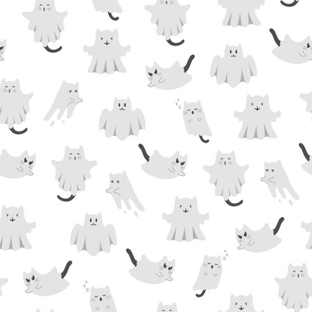 Cute halloween pattern with ghost cats and stars on white background. Vector flying Halloween characters, cartoon kittens spirit. Kawaii ghost print for fabric texture, wrapping paper, greeting card.のイラスト素材