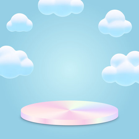 3d vector holographic product podium background. 3d render scene template with round shiny metallic stage and minimal cartoon clouds on soft blue background. Empty pedestal for product presentation.のイラスト素材
