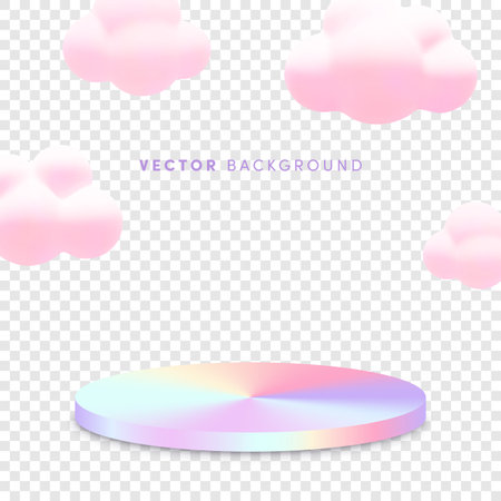 3d vector holographic product podium background. 3d render scene template with round shiny stage and minimal cartoon pink clouds on transparent background. Empty pedestal for product presentation.のイラスト素材