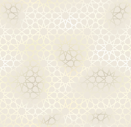 Traditional Islamic seamless pattern. Shiny beige Turkish background. Mosque window pastel gradient grid mosaic texture.のイラスト素材
