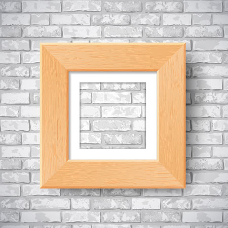 Empty Wooden Wall Frame Mockup Template. Vector Realistic wide wood picture frame with shadow on grey brick wall background. Interior mockup for poster, banner, photo gallery, painting, presentation.のイラスト素材