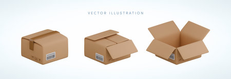 Vector cartoon 3d closed and opened carton box set. Cute realistic package isolated on white...