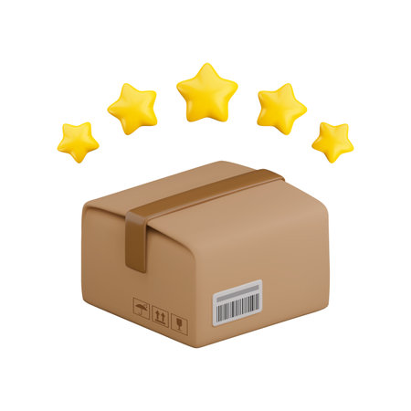 Vector cartoon 3d premium parcel icon. Cute realistic closed carton box with five stars isolated on white background. 3d render loyalty program symbol, best cardboard package delivery.のイラスト素材