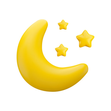 Vector cartoon 3d crescent icon. Cute 3d render of glossy yellow half moon with stars isolated on white background. Realistic style weather starry night illustration for design, game, weather app, webのイラスト素材