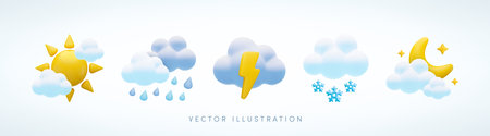 Vector cartoon 3d weather icon set. Cute 3d render of sunny day, rain clouds, rainy and snowy weather, starry night sign. Realistic 3d meteorology concept collection for design, game, web site, app.のイラスト素材