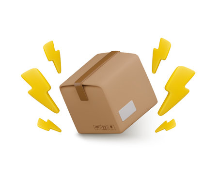 Vector cartoon 3d cardboard box with flash signs. Cute realistic 3d render cardboard package and lightning bolt. Flash sale, fast parcel delivery service concept, quick order logistic, mail shipping.のイラスト素材