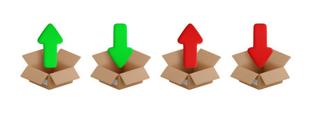 Vector cartoon 3d file upload and download icon set. Realistic render of red and green up down arrow in open cardboard box. Uploading process, online data storage service sign. Unzip file archive.のイラスト素材