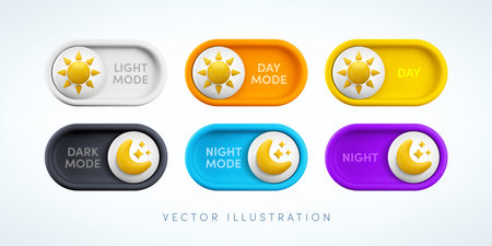 Vector cartoon 3d day and night mode switch button set. Realistic 3d color light theme toggle, dark mode slider with sun and moon. Funny design element collection for mobile app interface, web, game.のイラスト素材