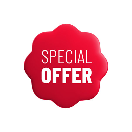 Vector cartoon 3d Special Offer badge. Red wavy label with text. Realistic 3d render online shop sticker. Cute design element for web, banner design, tag, medal sign, advert, mobile app.のイラスト素材