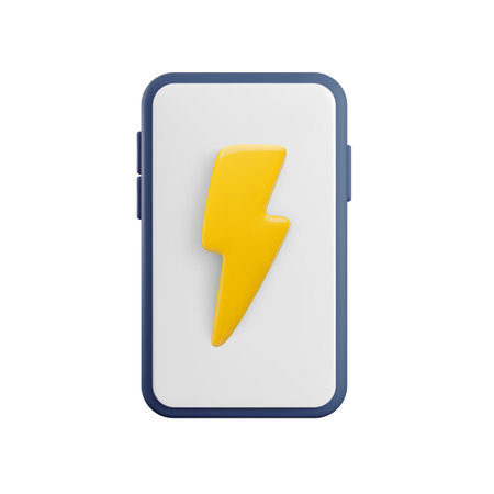 Vector cartoon 3d empty smartphone battery charging icon. Cute realistic render of mobile phone and flash on screen. Charging status, 3d phone low battery energy level sign for mobile app, web, game.のイラスト素材