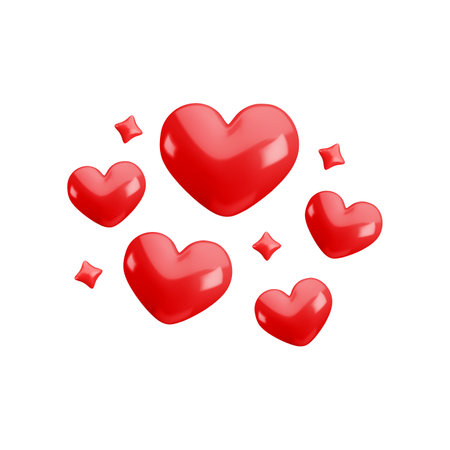 Vector 3d red hearts with sparkles composition on white background. Cute realistic cartoon 3d love concept, red heart balloons render illustration for Valentines day greeting, Mothers Day, nurseryのイラスト素材