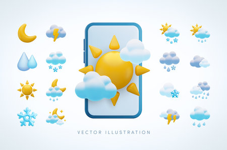 Vector cartoon 3d weather app icon set. Cute 3d render of smartphone with sunny day, rain clouds, lightning, rainy and snowy weather, starry night sign. Realistic 3d meteorology concept collection.のイラスト素材