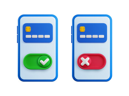 Vector cartoon 3d turn on and turn off mode credit card concept. 3d render credit card, green and red check mark slider on smartphone screen. Enable and disable payment, banking app switch button.のイラスト素材