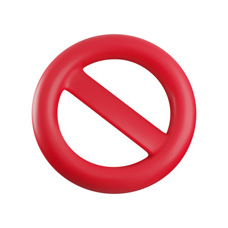 Vector Cartoon 3d red prohibition sign isolated on white. Realistic 3d render of round block icon with diagonal strip. Ban or stop entry mark, forbidden symbol for game, app, sticker, infographic.のイラスト素材