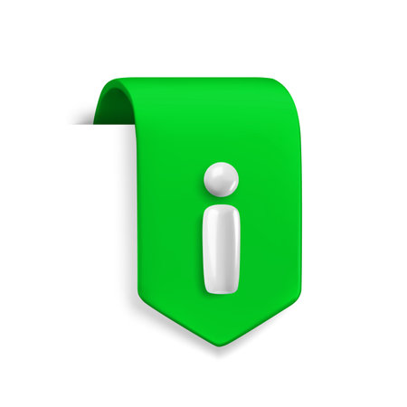 Vector Realistic 3d green ribbon information sign. Vintage design element, decorative bookmark sticker with white i sign. Cartoon 3d Info button ribbon tag for web, help, faq, ui, game, app.のイラスト素材