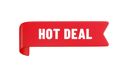 Vector cartoon 3d Hot Deal badge. Red label ribbon with text. Realistic 3d render online shop banner. Cute design element for web, banner design, sticker or tag, new collection sign, advert, appのイラスト素材