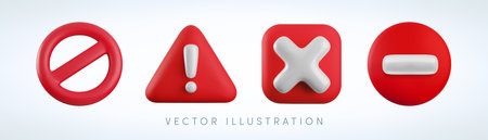 Vector Cartoon 3d Red prohibition, ban and stop sign set. Realistic 3d render of shiny round block icon with diagonal strip, cross, road stop, triangle exclamation sign. Ban entry, forbidden symbol.のイラスト素材
