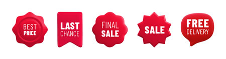 Vector cartoon 3d Sale badge set. Red label starburst, medal with text. Realistic 3d render online shop sticker collection. Cute design element for web, sale banner design, tag, advert, mobile app.のイラスト素材