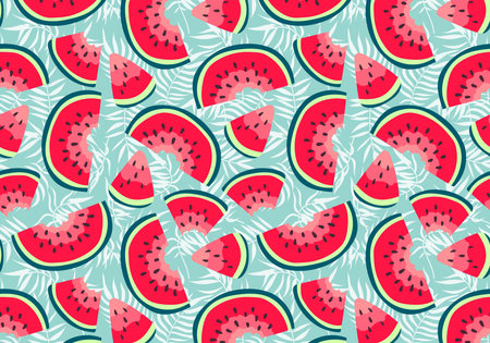 Vector watermelon hand drawn pattern background. Summer fresh fruits and palm leaves tropical print. Bitten watermelon red slices, coconut leaf repeat texture on blue. For wallpaper, cover, decor.のイラスト素材