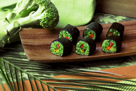 raw food rolls of buckwheat, broccoli, cucumber and pepperの写真素材