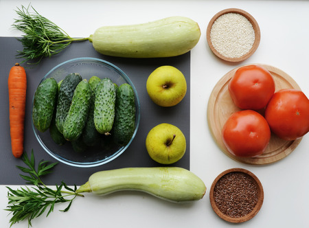 Composition from vegetables, fruits, grains on a white background. View from above.の写真素材
