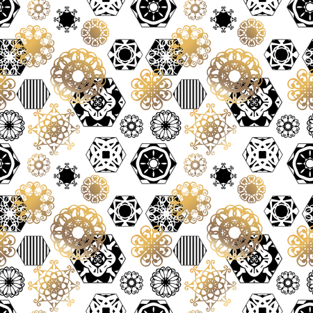 Snowflakes. Abstract pattern. Black and white with gold. Monochrome geometric background. Seamless texture. Stylized black and gold snowflakes on a white background. Vector.のイラスト素材