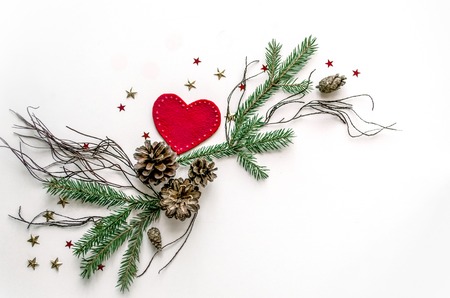 Christmas unusual composition on a white background. Christmas background for presentation of work or text. Beautiful greeting card. Copy space. Top viewの写真素材
