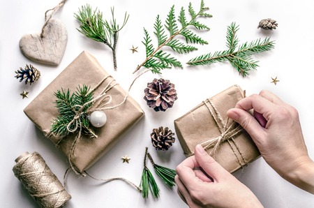 Christmas composition for the preparation for the New Year. Master class on gift wrapping in Eco-style. Top viewの写真素材