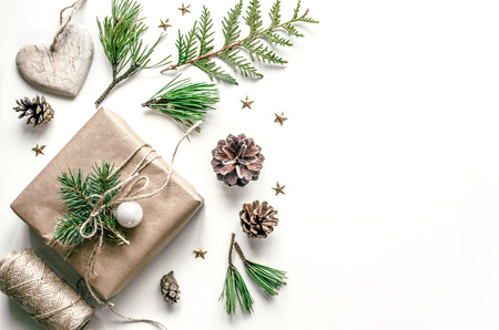Christmas composition for the preparation for the New Year. Packing of gifts. Christmas background for presentation of work or text. Copy space. Top viewの写真素材