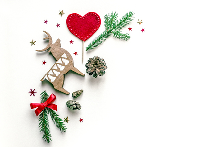 New Year composition with a deer. Christmas background for presentation of work or text. Beautiful greeting card. Copy space. Top viewの写真素材