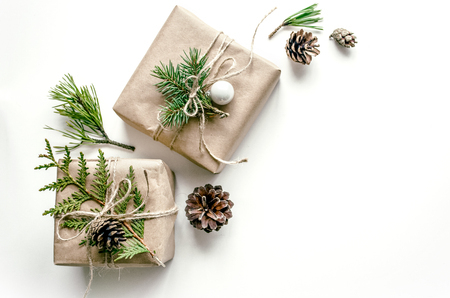 Christmas composition. Gift wrapping in Eco-style. Christmas background for presentation of work or text. Copy space. Top viewの写真素材