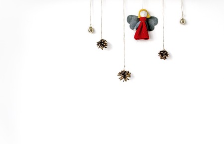 New Year's unusual composition with cones and Christmas-tree toys.の写真素材