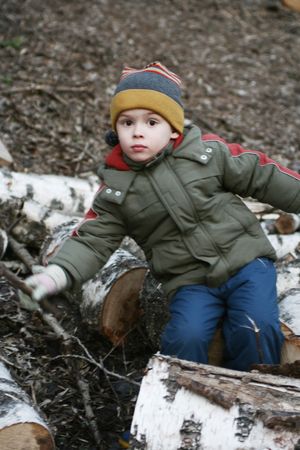 The boy sits on birch logs in the streetの写真素材